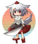  animal_ears bad_id bad_pixiv_id chibi colorized detached_sleeves fubuki_(ringdeng) geta hat inubashiri_momiji rainbow_background red_eyes sandals short_hair silver_hair solo sword tail tengu-geta tokin_hat touhou walkure weapon wolf_ears wolf_tail 