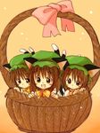  :d animal_ears bad_id bad_pixiv_id bangs basket beige_background blush_stickers bow bowtie brown_eyes brown_hair cat_ears cat_tail chen clone eijima_moko hat in_basket in_container mob_cap multiple_girls multiple_tails open_mouth smile tail touhou 