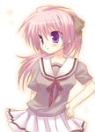  blush hand_on_hip katakuriri long_hair original pink_hair pleated_skirt purple_eyes school_uniform serafuku skirt solo 
