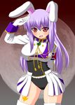  animal_ears blush breasts bunny_ears chiester556 chiester556_(cosplay) chiester_sisters cosplay large_breasts lavender_hair leotard long_hair red_eyes reisen_udongein_inaba salute sawa_(snack_yoshie) showgirl_skirt solo thighhighs touhou umineko_no_naku_koro_ni 