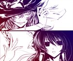  bad_id bad_pixiv_id banned_artist bow face gradient hair_bow hair_tubes hakurei_reimu hands hat hat_over_one_eye kirisame_marisa monochrome multiple_girls ofuda purple s_tanly touhou witch_hat 