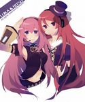  1girl bad_id bad_pixiv_id blue_eyes crossover detached_sleeves hat headphones headset long_hair maruko megurine_luka namine_ritsu navel otoko_no_ko pink_hair purple_eyes red_hair smile top_hat utau vocaloid 