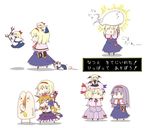  :&lt; :3 :d alice_margatroid alice_margatroid_(cosplay) arms_up bat_wings blonde_hair brown_hair chain chibi chibi_on_head cosplay costume_switch doll hairband head_wings horn_ribbon horns ibuki_suika koakuma koakuma_(cosplay) long_hair lysander_z matching_shanghai multiple_girls o_o object_on_head on_head oni open_mouth patchouli_knowledge patchouli_knowledge_(cosplay) person_on_head purple_eyes purple_hair ribbon shanghai_doll short_hair smile touhou translated v-shaped_eyebrows wings yagokoro 