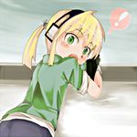  1girl bad_id bad_pixiv_id blonde_hair blush ear_protection green_eyes iris_(material_sniper) looking_back lowres material_sniper ponytail sleeves_rolled_up solo surprised sweatdrop undershirt unichiri 