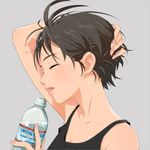  androgynous antenna_hair black_hair bottle closed_eyes droplet grey_background hand_to_head hands idolmaster idolmaster_(classic) kikuchi_makoto lips neck open_mouth product_placement short_hair simple_background solo sweat tank_top water yachiwo 