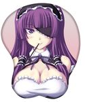  blush breast_mousepad breasts cleavage dream_c_club dream_c_club_(series) eyepatch food headdress jema large_breasts maid mari_(dream_c_club) mousepad pocky purple_eyes purple_hair smile solo 