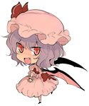  :d bat_wings chibi fang hat minakata_sunao open_mouth red_eyes remilia_scarlet short_hair simple_background smile solo touhou v-shaped_eyebrows white_background wings 
