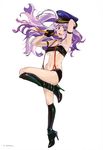  absurdres blue_eyes boots breasts ebata_risa hat highres long_hair macross macross_frontier medium_breasts microphone midriff official_art purple_hair scan sheryl_nome solo underboob 