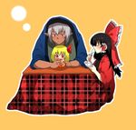  2girls bad_id bad_pixiv_id buront crossover eating elf elvaan feeding final_fantasy final_fantasy_xi food hakurei_reimu hanten_(clothes) ice_cream japanese_clothes kn96 kotatsu multiple_girls nininbaori pointy_ears rumia shared_clothes sitting sitting_on_lap sitting_on_person table the_iron_of_yin_and_yang touhou 