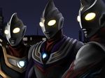  aaru_(tenrake_chaya) glowing glowing_eyes highres multiple_boys night ultra_series ultraman_dyna ultraman_dyna_(series) ultraman_gaia ultraman_gaia_(series) ultraman_tiga ultraman_tiga_(series) 