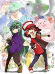  bad_id bad_pixiv_id baseball_cap blastoise blue_eyes brown_eyes brown_hair bulbasaur chansey chen cosplay frog gen_1_pokemon gen_2_pokemon green_hair growlithe hair_ornament hakurei_reimu hand_in_pocket hat kawashiro_nitori kochiya_sanae kurodani_yamame letty_whiterock meowth moltres moriya_suwako multiple_girls nazrin ookido_green ookido_green_(cosplay) parody pikachu pokemon pokemon_(creature) pokemon_(game) pokemon_rgby pun2 pyonta red_(pokemon) red_(pokemon)_(cosplay) red_(pokemon_rgby) reiuji_utsuho snake snorlax spinarak toramaru_shou touhou two_side_up yagokoro yagokoro_eirin yin_yang 