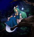  branch dress frills ghost green_eyes green_hair hat in_tree long_hair maho_(boku_no_kao_wo_otabeyo) mima night ribbon sitting smirk solo star touhou touhou_(pc-98) tree wizard_hat 