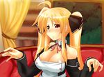  bare_shoulders blonde_hair blush breasts cleavage cosplay detached_sleeves dream_c_club dream_c_club_(series) fate_testarossa iga_tamaki large_breasts long_hair lyrical_nanoha mahou_shoujo_lyrical_nanoha_strikers mian_(dream_c_club) mian_(dream_c_club)_(cosplay) parody red_eyes solo tears twintails waitress 
