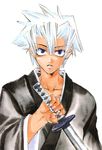  blue_eyes highres japanese_clothes katana kitamura_suzu male_focus peace_maker_kurogane solo spiked_hair sword weapon 