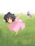  &gt;_&lt; animal_ears barefoot bunny_ears closed_eyes grass inaba_tewi minakata_sunao multiple_girls red_eyes reisen_udongein_inaba smile touhou 