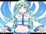  bad_id bad_pixiv_id detached_sleeves green_hair hair_ornament kochiya_sanae long_hair masuneko midriff navel snake solo touhou yellow_eyes 