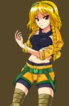  alphes_(style) belt blonde_hair bracelet braid breasts crossover dio_brando fusion hairband izayoi_sakuya jewelry jojo_no_kimyou_na_bouken large_breasts midriff nagatuki-lime navel parody red_eyes short_hair shorts solo style_parody thighhighs touhou twin_braids 