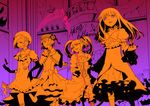  4girls bad_id bad_pixiv_id dress eva_beatrice flower frederica_bernkastel frills furudo_erika halloween happy_halloween lambdadelta multiple_girls pantyhose purple_background scythe staff umineko_no_naku_koro_ni 