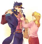  1girl ^_^ adjusting_scarf bad_id bad_pixiv_id bag belt black_hair blonde_hair blue_eyes briefcase carrying_over_shoulder closed_eyes coat cowboy_shot dressing_another frown gakuran hand_in_pocket hand_on_hip hat height_difference holding holding_bag jojo_no_kimyou_na_bouken kuujou_holly kuujou_joutarou long_hair long_sleeves looking_at_another looking_down mother_and_son multiple_belts open_clothes open_coat pants pink_shirt pink_sweater red_skirt scarf school_uniform shirt skirt smile stardust_crusaders sweater taki_(nakochan) white_background 