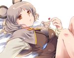  animal animal_between_breasts animal_ears atoki between_breasts breasts brown_eyes capelet grey_hair heart jewelry lying medium_breasts mouse mouse_ears nazrin pendant short_hair solo touhou 