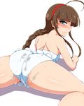  1girl ahoge ass back bare_shoulders blue_eyes blush braid brown_hair cum cum_on_body cum_on_clothes cum_on_lower_body from_behind hairband long_hair looking_back lying on_stomach ponpo ryoubi_(senran_kagura) senran_kagura senran_kagura_(series) shadow shiny shiny_skin simple_background solo sweat swimsuit wavy_mouth 