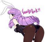  animal_ears ass bangs bare_shoulders bent_over black_legwear blunt_bangs breasts brown_legwear bunny_ears bunny_girl bunny_tail bunnysuit chan_co chuchu_(show_by_rock!!) cowboy_shot detached_sleeves drill_hair hands_on_thighs highleg highleg_leotard large_breasts leotard long_hair looking_back pantyhose purple_eyes purple_hair show_by_rock!! sideboob simple_background smile solo tail 