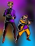  amano-g brothers brown_hair eyebrows facial_hair formal full_body gun handgun height_difference mario_(series) multiple_boys mustache pistol pointy_ears shooting_glasses siblings suit super_mario_bros. thick_eyebrows waluigi wario weapon 