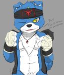  anthro anthrofied arm_wraps bottomless canine clothed clothing countershade_torso dialogue digimon dog english_text front_view gaomon half-dressed headband heibanhikaru jacket mammal one_eye_closed sheath signature text toned undressing whistle wink 