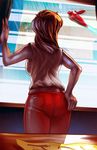  amano-g ass baymax big_hero_6 breasts bubblegum_crisis crossover flying from_behind hiro_hamada medium_breasts pants priscilla_asagiri reflection robot solo_focus superhero tank_top 