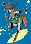  black_footwear boots breasts cape dragon_quest dragon_quest_iii dress flask gloves hat leg_up looking_at_viewer mage_(dq3) medium_breasts pink_eyes pink_hair short_dress smile solo staff standing standing_on_one_leg star tajima_ryuushi witch_hat 