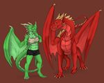  2014 ambiguous_gender anthro brown_background claws clothed clothing detts dragon duo female feral glare green_eyes green_scales horn plain_background red_eyes red_scales scalie snarling spikes standing teeth torn_clothing 