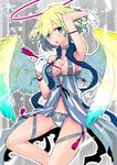  angel_wings arm_up arrow arrow_in_body babydoll blonde_hair blue_eyes blush breasts cowboy_shot gloves halo looking_at_viewer open_mouth original short_hair small_breasts solo star tajima_ryuushi white_gloves wings 