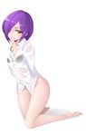  arms_behind_back barefoot black_bra blouse blue_toilet_paper bra hair_over_one_eye highres kneeling looking_at_viewer original red_eyes see-through short_hair solo underwear wet wet_clothes white_blouse 
