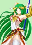  :o ? armlet armor armpits bangs bare_shoulders belt blush bracelet breasts choker cleavage dress forehead_jewel gem goddess green_eyes green_hair highres jewelry kid_icarus kid_icarus_uprising large_breasts long_hair looking_at_viewer multiple_belts necklace palutena parted_bangs pendant side_slit single_thighhigh solo staff strapless strapless_dress swept_bangs thighhighs tiara tsuchinoko1026 vambraces very_long_hair white_legwear 