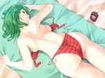  ass asutora back backboob bare_back bikini blanket bottle breasts commentary from_above green_hair kazami_yuuka large_breasts lotion lying on_stomach open_bikini open_clothes open_mouth plaid plaid_bikini red_bikini red_eyes side-tie_bikini solo sunscreen swimsuit touhou untied untied_bikini 