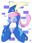  abstract_background anthro breasts clothed clothing drakeraynier female greninja half-closed_eyes kneeling looking_at_viewer navel nintendo pink_eyes pok&eacute;mon solo spread_legs spreading underwear video_games 