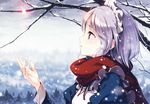 absurdres blue_eyes day fixed from_side highres huge_filesize izayoi_sakuya ke-ta maid maid_headdress outdoors petals profile red_scarf scan scarf silver_hair snow snowing solo touhou 