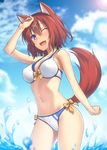  ;d amairo_islenauts animal_ears bikini blue_eyes blush breasts cleavage commentary_request covered_nipples dog_ears dog_tail fang hair_ornament hairclip looking_at_viewer masaki_gaillard medium_breasts mikazuchi_zeus navel one_eye_closed open_mouth red_hair short_hair smile swimsuit tail water 