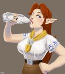  belt blue_eyes bottle breasts brown_hair cremia drinking eyelashes eyeshadow freckles hair_intakes hand_on_hip large_breasts lips lipstick long_hair makeup malon milk milk_bottle neckerchief nose older penelope_and_me pointy_ears shirt solo taut_clothes taut_shirt the_legend_of_zelda the_legend_of_zelda:_majora's_mask the_legend_of_zelda:_ocarina_of_time 