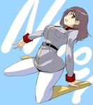  belt boots breasts brown_eyes brown_hair female full_body gundam gundam_lost_war_chronicles hirowa_nagi large_breasts military_uniform noel_anderson simple_background solo uniform 