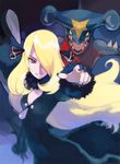  blonde_hair breasts claws cleavage dragon fangs female garchomp gradient gradient_background large_breasts long_hair lowres nintendo official_art pokemon pokemon_(game) pokemon_champion pokemon_dppt qvga scan shirona_(pokemon) smile solo standing sugimori_ken very_long_hair yellow_eyes 