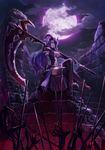  bad_id bad_pixiv_id black_legwear blue_hair breasts center_opening cloud crossed_legs elbow_gloves full_moon gloves hands highres horns iceojin large_breasts long_hair looking_at_viewer moon night original pink_eyes pink_moon rock ruins scythe sitting smile thighhighs 