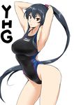  armpits arms_behind_head arms_up black_hair breasts character_name competition_swimsuit hair_between_eyes harukon_(halcon) highres impossible_clothes kantai_collection large_breasts long_hair looking_at_viewer one-piece_swimsuit parted_lips ponytail red_eyes simple_background solo swimsuit very_long_hair yahagi_(kantai_collection) 
