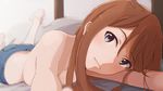  bangs blue_eyes blurry breasts brown_hair depth_of_field feet_up highres idolmaster idolmaster_million_live! indoors looking_at_viewer lying neji_(nezi_hs) on_stomach outstretched_arms sideboob solo swept_bangs tokoro_megumi topless 