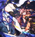  absurdres ass ass_visible_through_thighs battle blue_eyes blue_hair bodysuit breasts clenched_teeth duel elbow_gloves gloves highres kazanari_tsubasa long_hair maria_cadenzavna_eve medium_breasts multiple_girls niko_(tama) open_mouth pink_hair purple_eyes senki_zesshou_symphogear sword teeth thighhighs upside-down weapon 