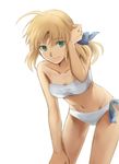  absurdres adjusting_hair ahoge aokiku artoria_pendragon_(all) bandeau bikini blonde_hair bow collarbone cowboy_shot fate/stay_night fate_(series) green_eyes hair_bow hair_tucking hand_on_own_knee highres leaning_forward looking_at_viewer navel saber simple_background smile solo strapless swimsuit white_background white_bikini 