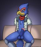  anthro ascot avian balls beak bird clothed clothing drako1997 erection falco_lombardi falcon feathers half-dressed jacket looking_at_viewer male navel nintendo penis sitting smile solo spread_legs spreading star_fox video_games 