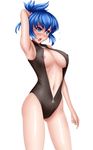  areola_slip areolae audere black_swimsuit blue_eyes blue_hair blush breasts covered_nipples front_zipper_swimsuit genderswap genderswap_(mtf) high_ponytail highres kampfer large_breasts meme_attire navel one-piece_swimsuit open_mouth senou_natsuru short_hair sideboob solo swimsuit teardrop unzipped 