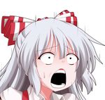  :o albino black_eyes bow fujiwara_no_mokou guilty_gear guilty_gear_xrd hair_bow leo_whitefang long_hair oden_(th-inaba) open_mouth parody silver_hair simple_background solo style_parody surprised teeth touhou white_background 