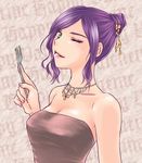  bare_shoulders breasts cleavage dress faris_scherwiz final_fantasy final_fantasy_v fork green_eyes hair_up jewelry lipstick makeup medium_breasts necklace one_eye_closed purple_hair sarisa_highwind_tycoon solo strapless strapless_dress you-stg 